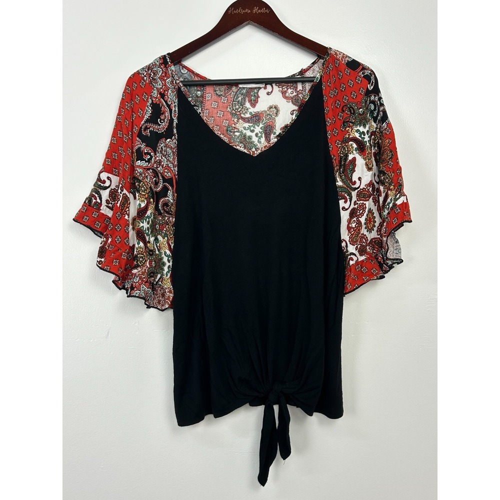 Les Amis Boho Paisley Sleeve Tie Front V Neck Tunic Top Womens M Hippie Festival